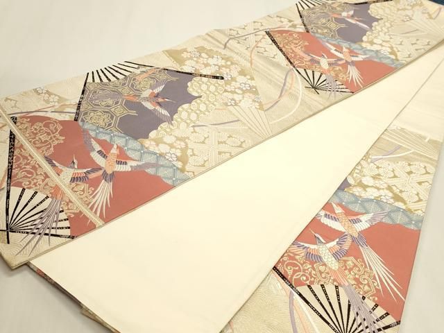 平和屋本店▼六通柄袋帯　唐織　九百錦袋　扇面花鳥文　純金箔　正絹　逸品　DABL7582sf