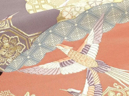 平和屋本店▼六通柄袋帯　唐織　九百錦袋　扇面花鳥文　純金箔　正絹　逸品　DABL7582sf