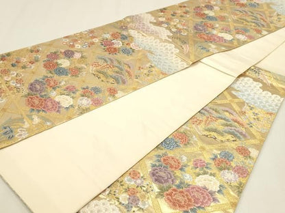 平和屋本店▼六通柄袋帯　唐織　花菱花丸文　本金箔　正絹　逸品　DABL7594sf