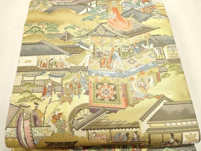 平和屋本店▼六通柄袋帯　洛中祇園祭礼図　本金箔　正絹　逸品　DABL7596sf