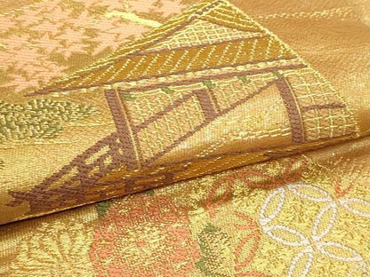 平和屋本店▼六通柄袋帯　色紙風景文　純金箔二重織　正絹　逸品　DABL7628sf