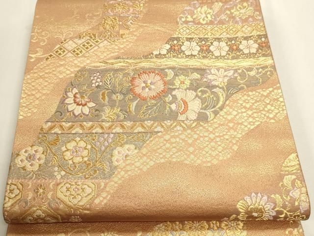 平和屋本店▼六通柄袋帯　唐織　更紗花文　うるし箔　本金箔　正絹　逸品　DABL7636sf