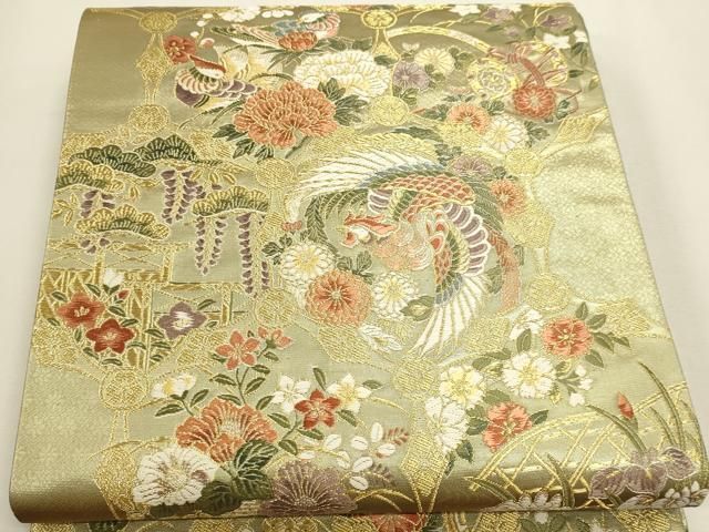 平和屋本店▼六通柄袋帯　唐織　花鳥亀甲文　本金箔　正絹　逸品　DABL7638sf