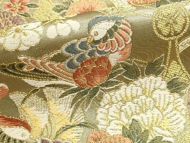 平和屋本店▼六通柄袋帯　唐織　花鳥亀甲文　本金箔　正絹　逸品　DABL7638sf