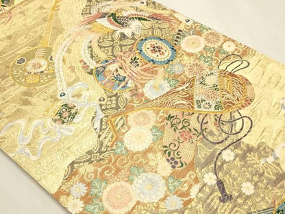 平和屋本店▼六通柄袋帯　鳳凰楽器花文　本金箔　正絹　逸品　DABL7639sf