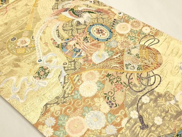 平和屋本店▼六通柄袋帯　鳳凰楽器花文　本金箔　正絹　逸品　DABL7639sf