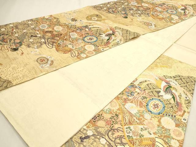 平和屋本店▼六通柄袋帯　鳳凰楽器花文　本金箔　正絹　逸品　DABL7639sf