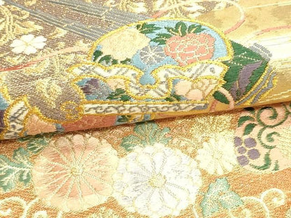 平和屋本店▼六通柄袋帯　鳳凰楽器花文　本金箔　正絹　逸品　DABL7639sf
