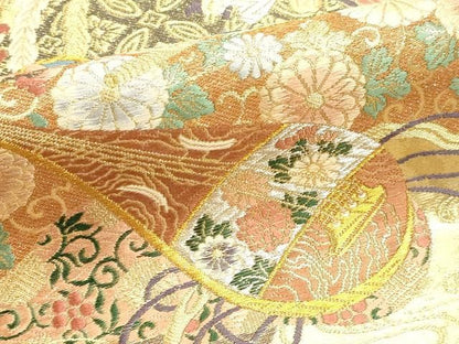 平和屋本店▼六通柄袋帯　鳳凰楽器花文　本金箔　正絹　逸品　DABL7639sf