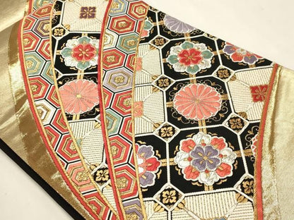 平和屋本店▼西陣　六通柄袋帯　唐織　能衣裳文　本金織　証紙付き　正絹　逸品　DABL7662sf