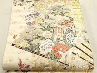 平和屋本店▼六通柄袋帯　唐織　献上花鳥文　九百本金弐重織　正絹　逸品　DABL7665sf