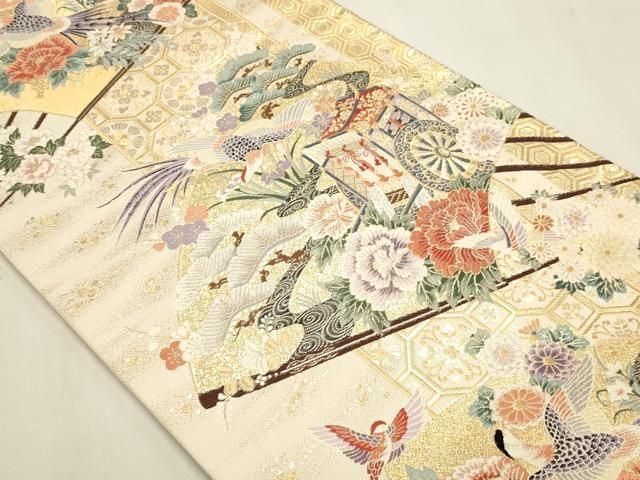 平和屋本店▼六通柄袋帯　唐織　献上花鳥文　九百本金弐重織　正絹　逸品　DABL7665sf