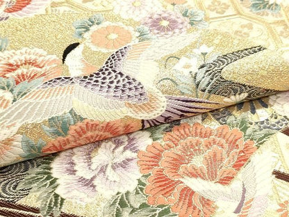 平和屋本店▼六通柄袋帯　唐織　献上花鳥文　九百本金弐重織　正絹　逸品　DABL7665sf