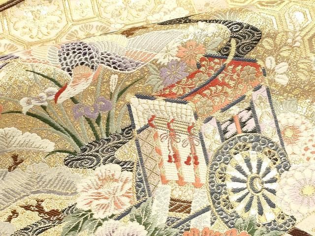 平和屋本店▼六通柄袋帯　唐織　献上花鳥文　九百本金弐重織　正絹　逸品　DABL7665sf