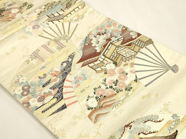 平和屋本店▼六通柄袋帯　扇面風景文　九百本金錦　珀頴　正絹　逸品　DABL7667sf