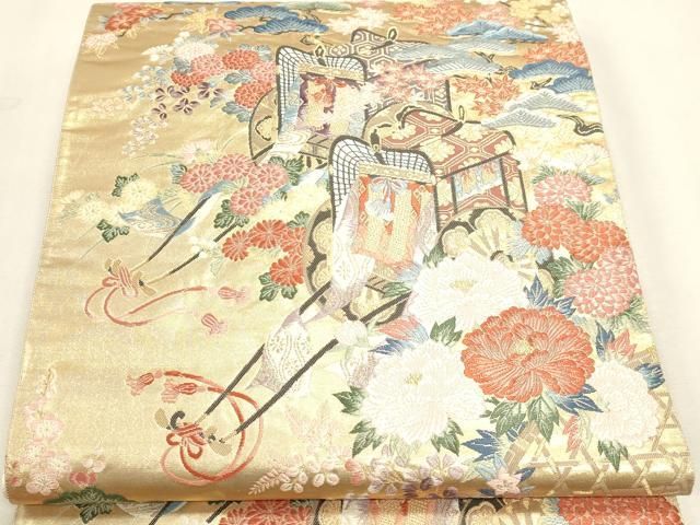 平和屋本店▼六通柄袋帯　唐織　御所車花文　本金二丁箔　正絹　逸品　DABL7692sf