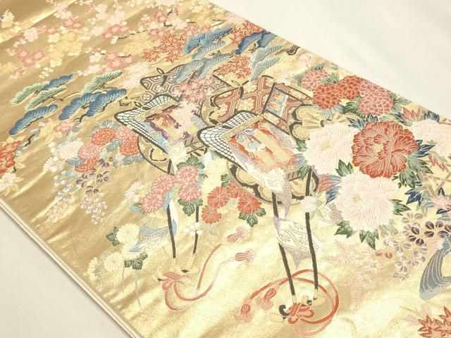 平和屋本店▼六通柄袋帯　唐織　御所車花文　本金二丁箔　正絹　逸品　DABL7692sf