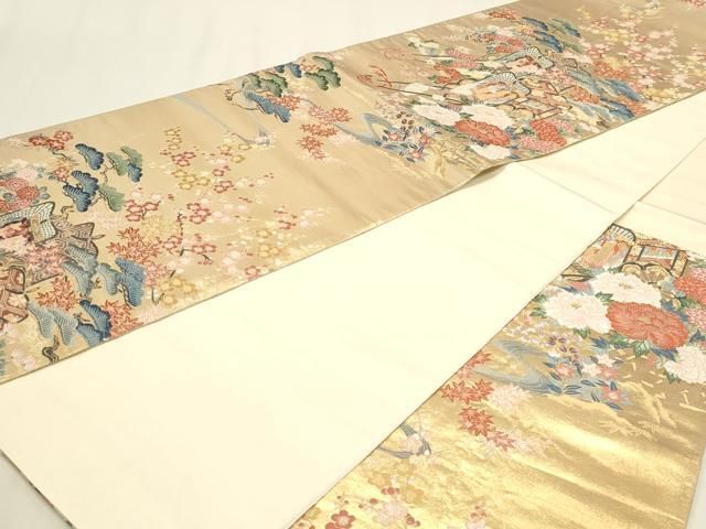 平和屋本店▼六通柄袋帯　唐織　御所車花文　本金二丁箔　正絹　逸品　DABL7692sf