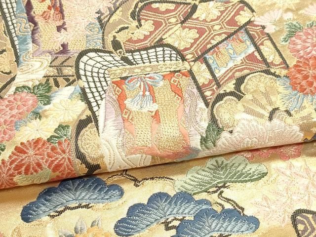 平和屋本店▼六通柄袋帯　唐織　御所車花文　本金二丁箔　正絹　逸品　DABL7692sf