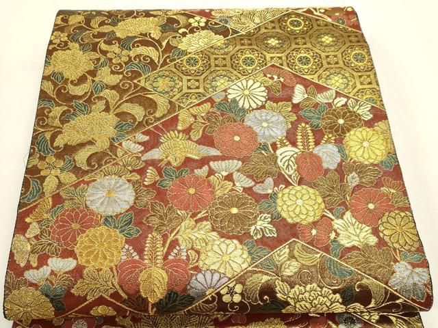 平和屋本店▼西陣まいづる謹製　六通柄袋帯　松菊蒔絵盤　純金うるし箔　正絹　逸品　DABL7698sf