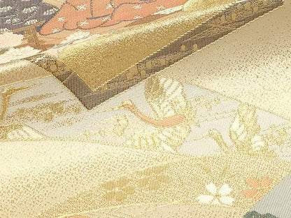 平和屋本店▼六通柄袋帯　扇面王朝宮人文　純金箔24ｋ　正絹　逸品　DABL7699sf