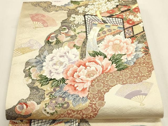平和屋本店▼六通柄袋帯　唐織　御所車花文　純金箔24ｋ　正絹　逸品　DABL7703sf