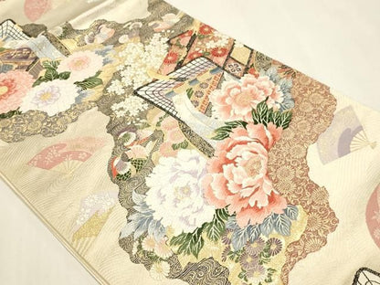 平和屋本店▼六通柄袋帯　唐織　御所車花文　純金箔24ｋ　正絹　逸品　DABL7703sf