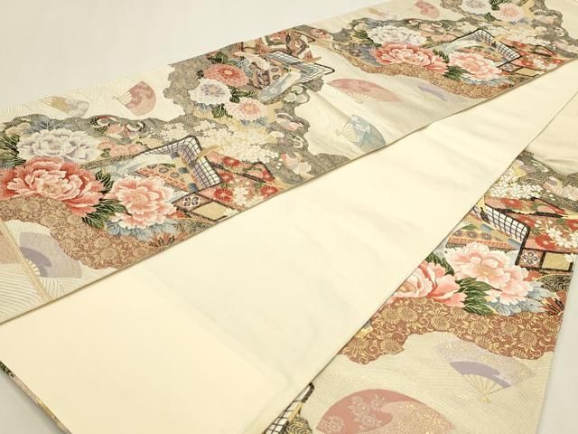 平和屋本店▼六通柄袋帯　唐織　御所車花文　純金箔24ｋ　正絹　逸品　DABL7703sf