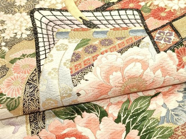 平和屋本店▼六通柄袋帯　唐織　御所車花文　純金箔24ｋ　正絹　逸品　DABL7703sf