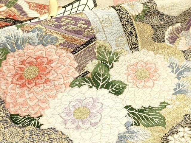平和屋本店▼六通柄袋帯　唐織　御所車花文　純金箔24ｋ　正絹　逸品　DABL7703sf