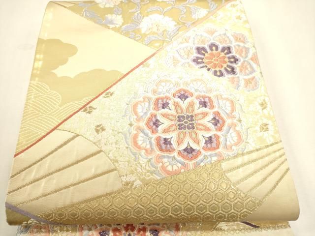 平和屋本店▼六通柄袋帯　扇面正倉院花文　錦本金箔　正絹　逸品　DABL7766sf