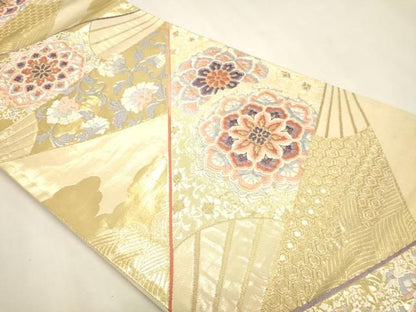 平和屋本店▼六通柄袋帯　扇面正倉院花文　錦本金箔　正絹　逸品　DABL7766sf