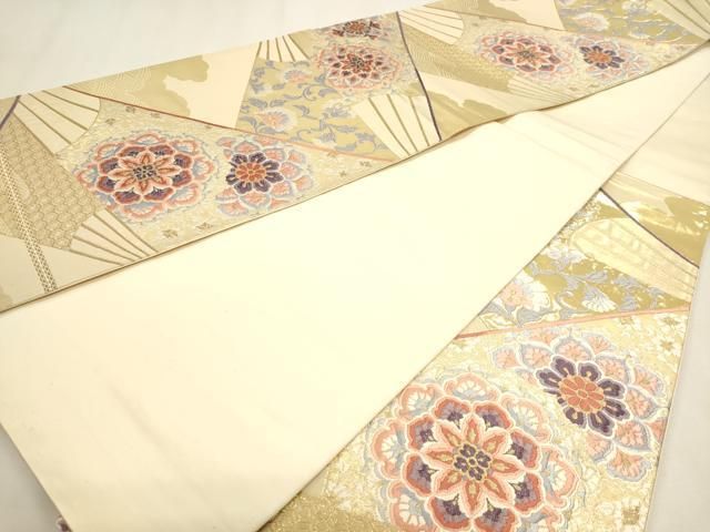 平和屋本店▼六通柄袋帯　扇面正倉院花文　錦本金箔　正絹　逸品　DABL7766sf