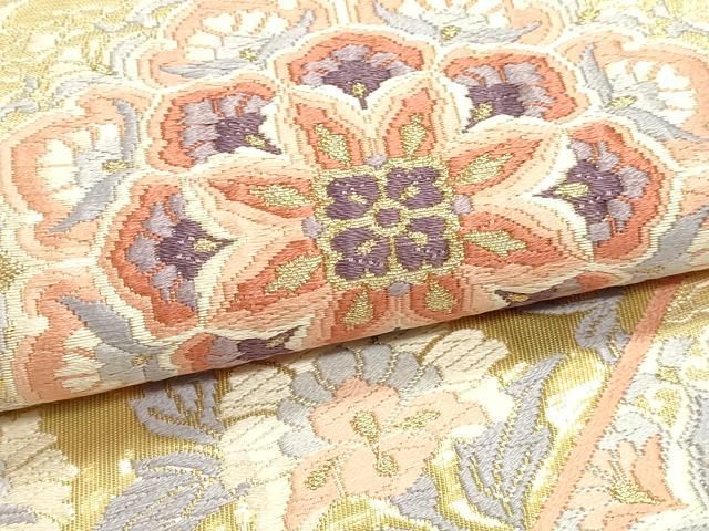 平和屋本店▼六通柄袋帯　扇面正倉院花文　錦本金箔　正絹　逸品　DABL7766sf