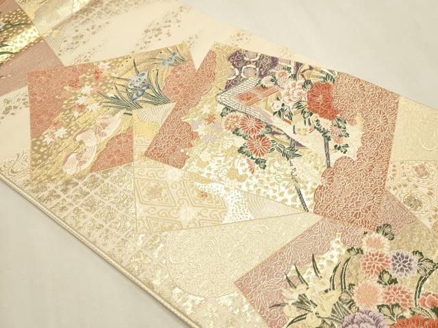 平和屋本店▼六通柄袋帯　色紙御所車文　九百本金弐重織　正絹　逸品　DABL7770sf
