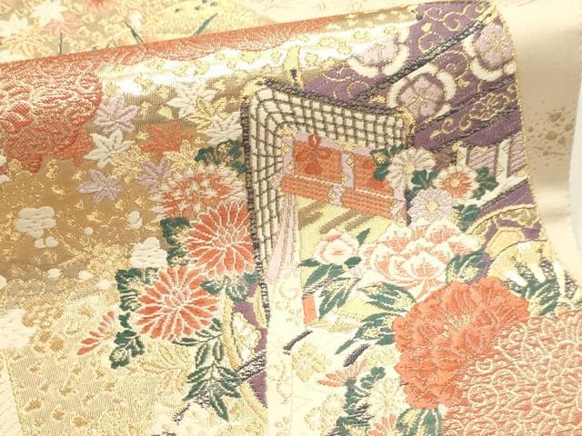 平和屋本店▼六通柄袋帯　色紙御所車文　九百本金弐重織　正絹　逸品　DABL7770sf