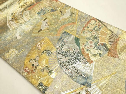 平和屋本店▼極上　西陣あさぎ　両面　全通全景柄袋帯　徳川美術館秘蔵　能楽百扇　24金プラチナ二重箔　正絹　逸品　DABL7781sf