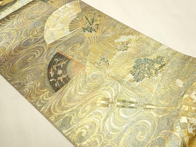 平和屋本店▼極上　西陣あさぎ　両面　全通全景柄袋帯　徳川美術館秘蔵　能楽百扇　24金プラチナ二重箔　正絹　逸品　DABL7781sf