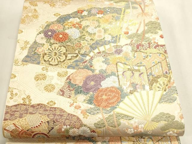 平和屋本店▼六通柄袋帯　唐織　扇面散し文　本金二重箔　正絹　逸品　DABL7782sf