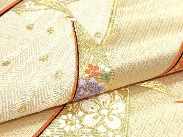 平和屋本店▼六通柄袋帯　唐織　九百錦　孔雀花文　本金箔　正絹　逸品　DABL7786sf