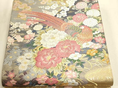 平和屋本店▼本加賀友禅作家 百貫華峰 美しいキモノ お馴染みのメーカー となみ織物 六通柄袋帯 孔雀花文 純金箔 短冊付き 逸品 DABL7787sf