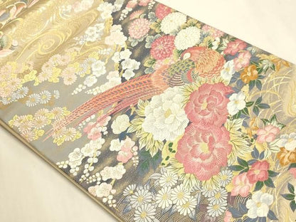 平和屋本店▼本加賀友禅作家 百貫華峰 美しいキモノ お馴染みのメーカー となみ織物 六通柄袋帯 孔雀花文 純金箔 短冊付き 逸品 DABL7787sf
