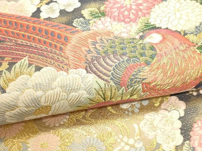 平和屋本店▼本加賀友禅作家 百貫華峰 美しいキモノ お馴染みのメーカー となみ織物 六通柄袋帯 孔雀花文 純金箔 短冊付き 逸品 DABL7787sf