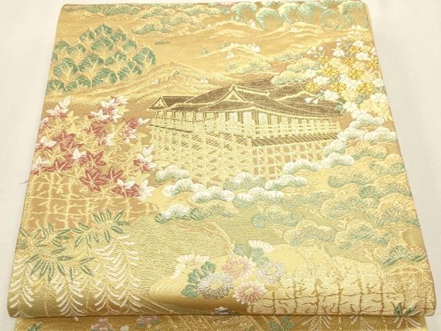 平和屋本店▼六通柄袋帯　風景草花文　本金箔　プラチナ箔　正絹　逸品　DABL7793sf