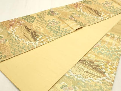 平和屋本店▼六通柄袋帯　風景草花文　本金箔　プラチナ箔　正絹　逸品　DABL7793sf
