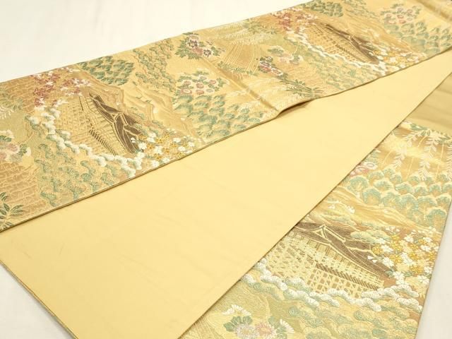平和屋本店▼六通柄袋帯　風景草花文　本金箔　プラチナ箔　正絹　逸品　DABL7793sf