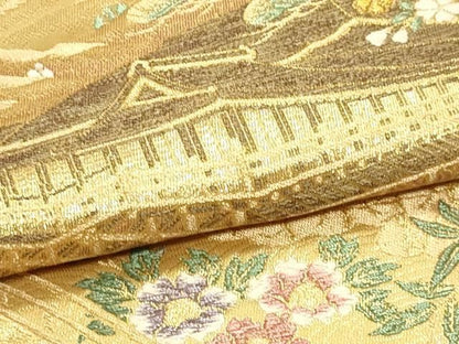平和屋本店▼六通柄袋帯　風景草花文　本金箔　プラチナ箔　正絹　逸品　DABL7793sf