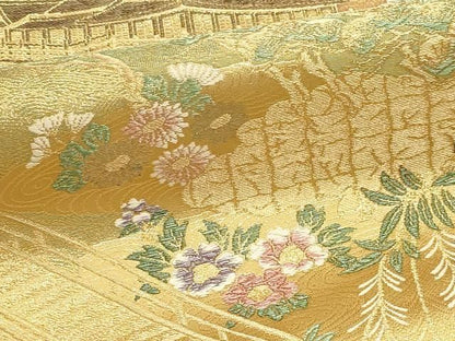 平和屋本店▼六通柄袋帯　風景草花文　本金箔　プラチナ箔　正絹　逸品　DABL7793sf