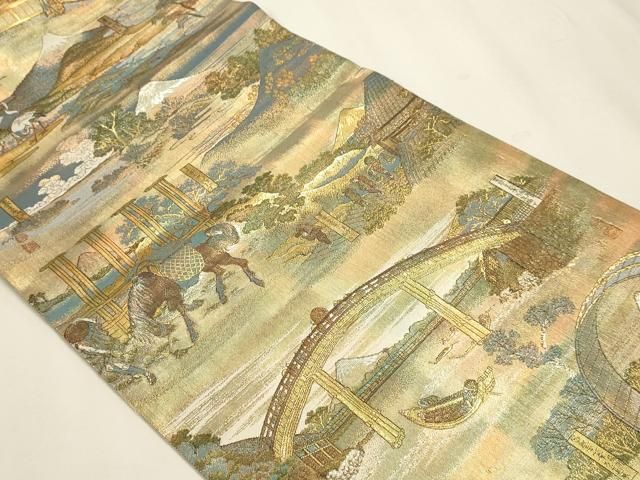 平和屋本店▼西陣あさぎ　全通全景柄袋帯　北舟　富嶽三十六景　24金プラチナ二重箔　分析通知書付き　正絹　逸品　DABL7797sf