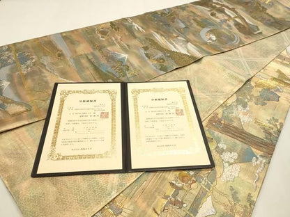 平和屋本店▼西陣あさぎ　全通全景柄袋帯　北舟　富嶽三十六景　24金プラチナ二重箔　分析通知書付き　正絹　逸品　DABL7797sf